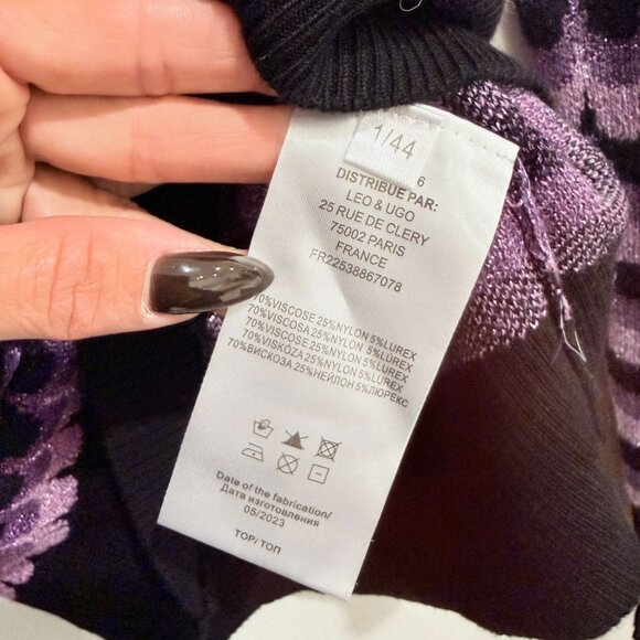 Leo & Ugo Purple Black Scallop Lurex Striped Knit V-Neck Sweater Size S France - Picture 9 of 12